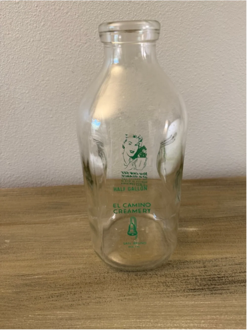 vintage El Camino Creamery half-gallon glass milk bottle San Bruno, CA